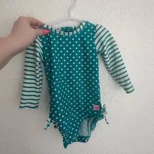 Ruffle Butts Teal Polka Dot and Stripe One Piece